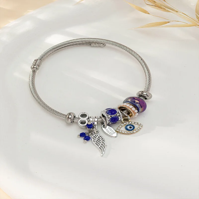 

Diy beaded cross-border hot-selling glass angel wing devil's eye pendant open bangle