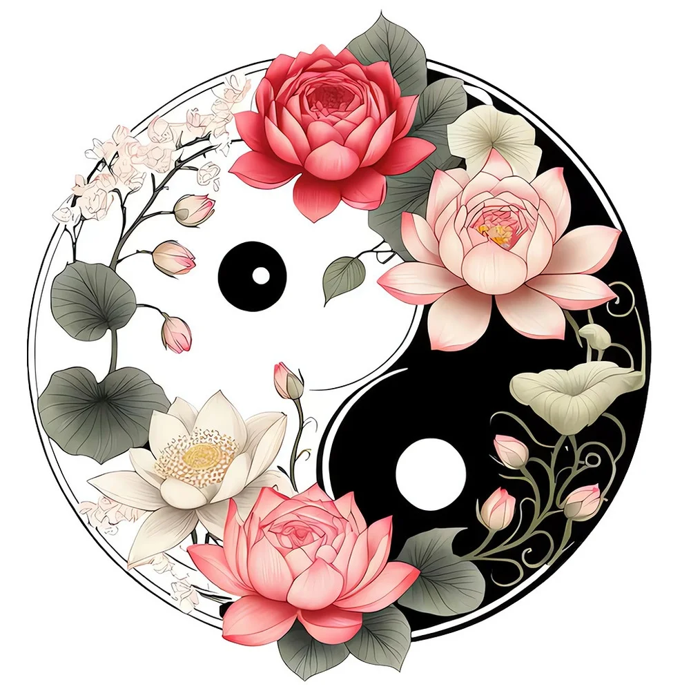 Waterproof PVC Wall Sticker Featuring Yin Yang and Lotus Motif Designed for Dust Resistant and Low Maintenance Decor