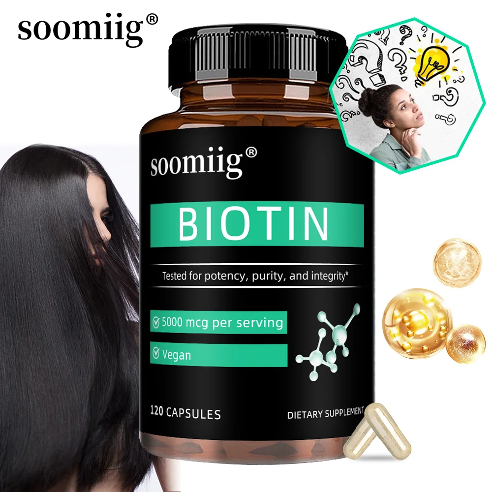 نباتي بيوتين 5000 مكجم - يساعد على تعزيز الشعر الصحي والجلد والأظافر، 30/60/120 كبسولة نباتية، غير وراثيًا
