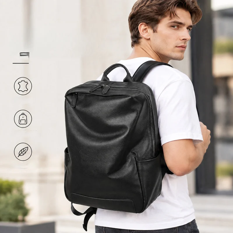 Mochila de cuero genuino para hombre y mujer, de color negro, hecha con piel de vaca, con bolsillo lateral, ideal para uso diario, viajes y como bolso de hombro para la escuela, el trabajo o para llevar al trabajo.