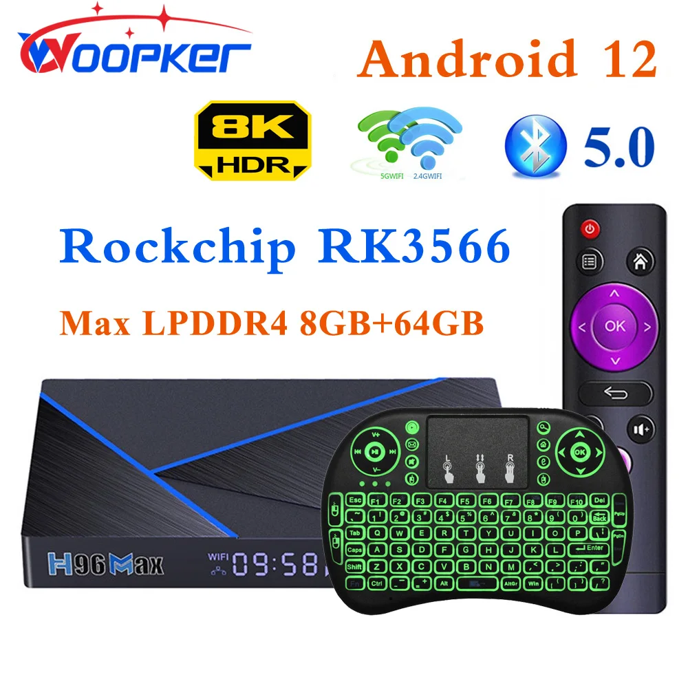 

Woopker H96 Max V56 Android 12 TV Box Rockchip Rk3566 8K 2.4G/5G Wifi 8G 64Gb BT5.0 H.265 1000M Media Player TVs Receiver