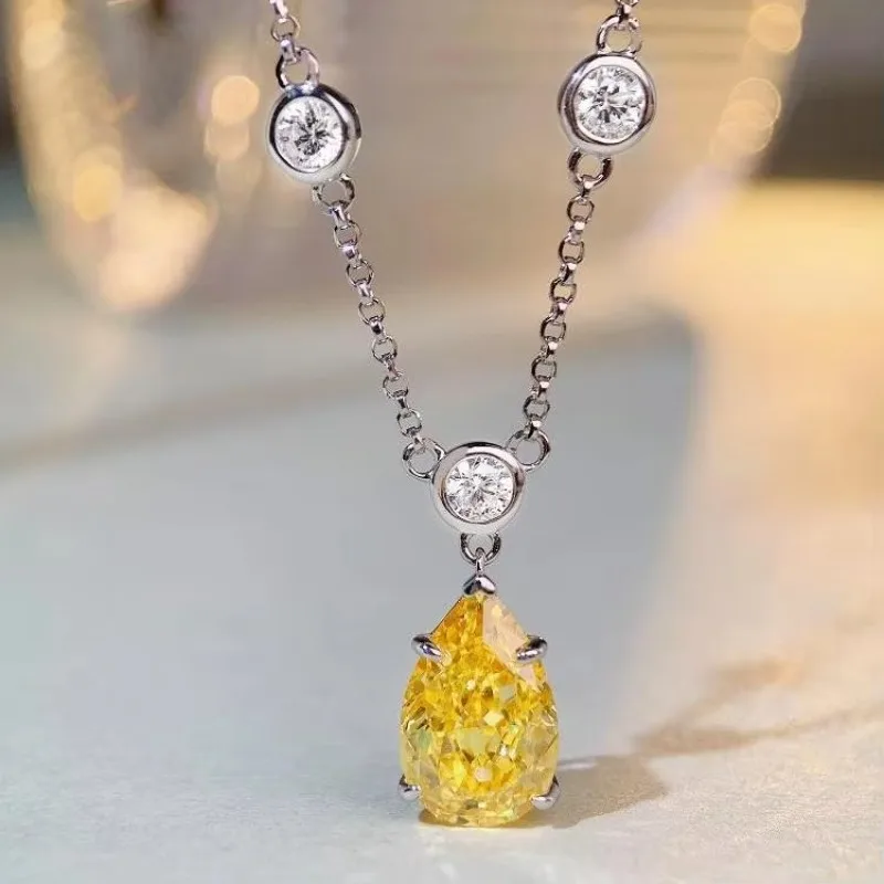 PT950 platinum necklace - women's yellow diamond drop bubble chain, versatile and high-end collar chain with a lock design