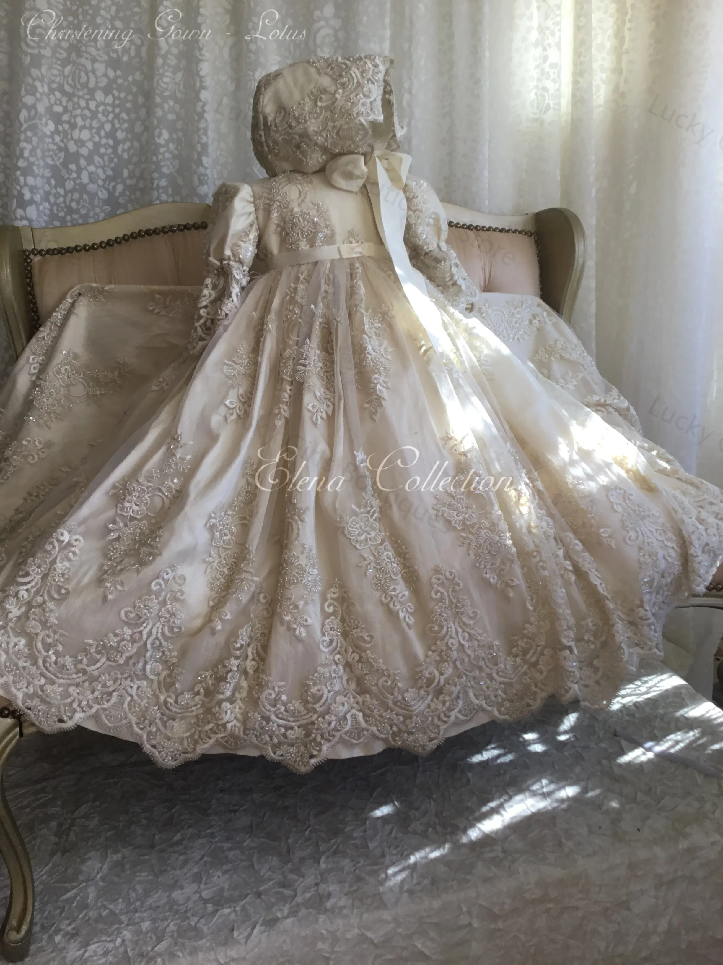 Light Champagne Christening Gowns Lace Appliques Baby First Communion Dresses Ruched Beads Newborn Toddler Baptism Dresses image 6