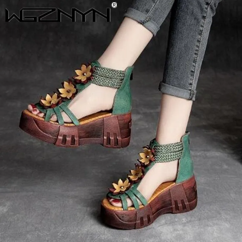 2023 Retro Summer Women Flowers Sandals Genuine PU Leather Open Toe Shoes Casual High Heel Wedges Platform Sandals Woman