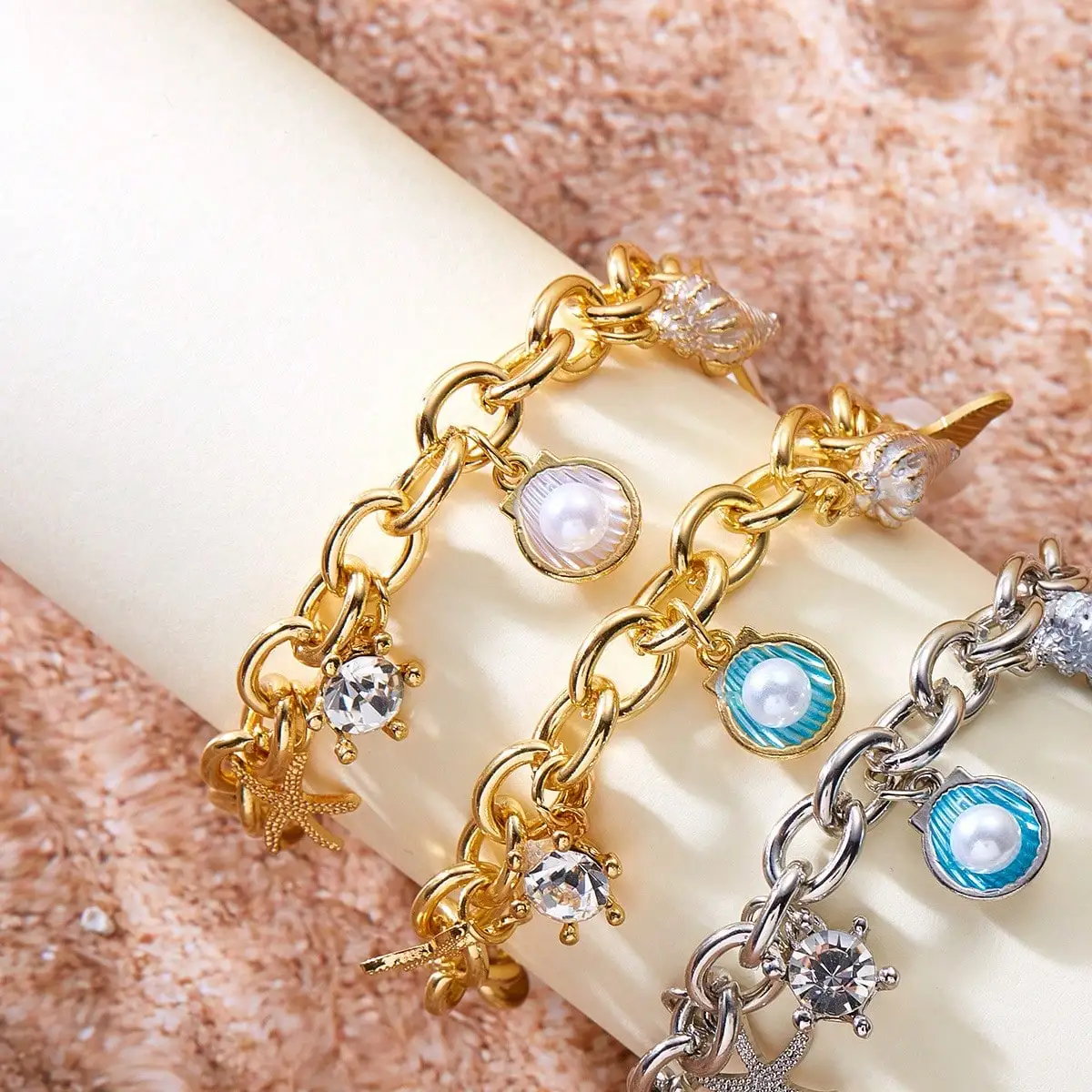 1 Stück Sommermode Urlaub Blaues Öl-Tropfen-Muschel-Seestern-Armband für Frauen, zartes personalisiertes Armband passend für den täglichen Gebrauch