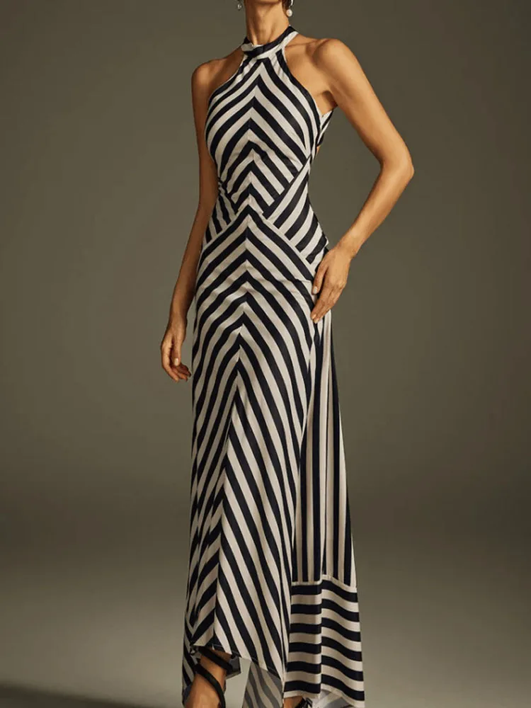 أنيقة الرسن بلا أكمام مساء فستان طويل المرأة مثير عارية الذراعين الجوف خارج فستان الحفلات موضة مخطط طباعة فساتين ضئيلة #2