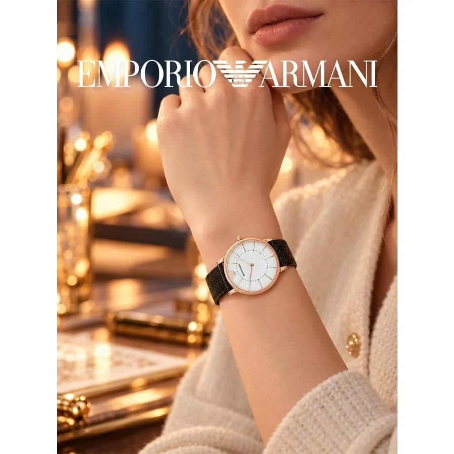 Emporio Armani  Ladies Quartz Watch, Rose Gold Tone, Black Lizard Pattern Leather Band, Minimalist White Dial Commute Watch