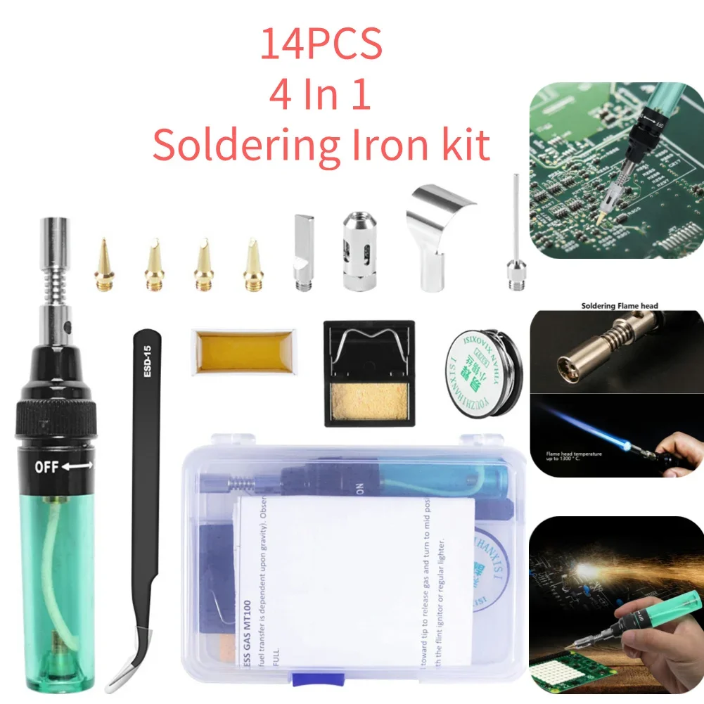 14pcs 4 In 1 Portable Soldering Iron Kit Gas Soldering Iron Cordless Butane Pen for Car Electronics Soldering Welding Repairing