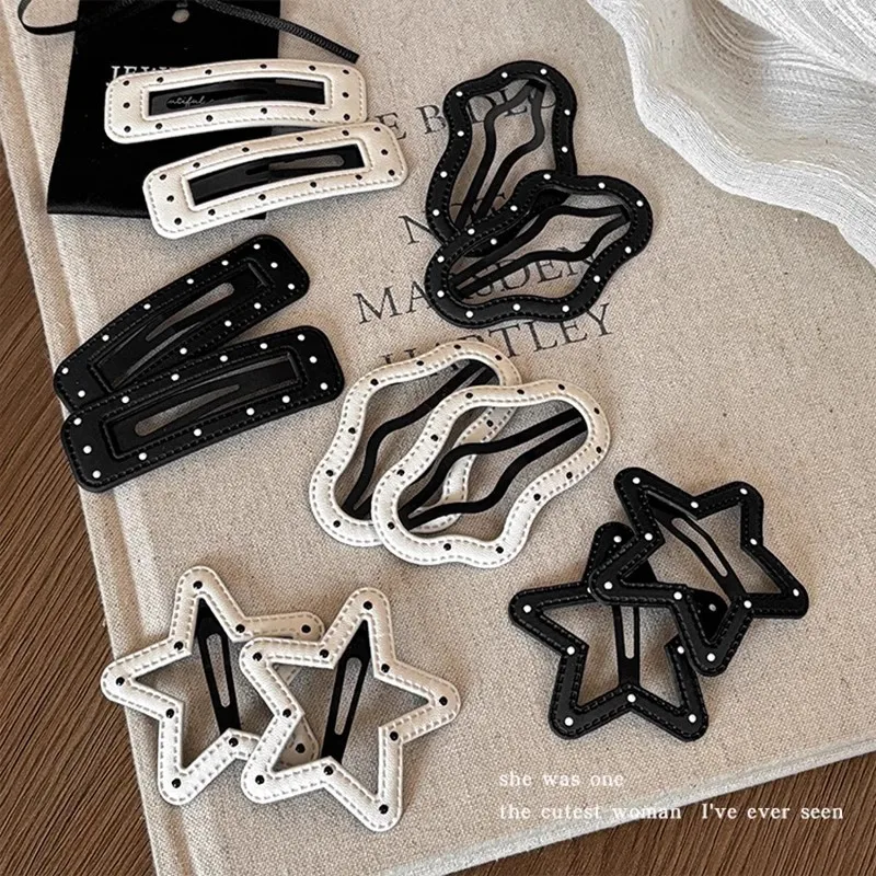 2pcs Black and White Polka Dot Leather Hairpin Female Geometric Stars Hair Bangs Clip Girls Sweet Simple Edge Clip Headgear