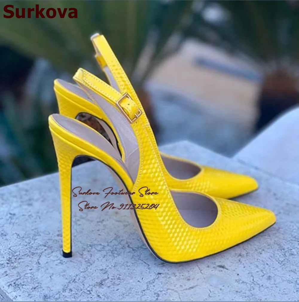 Surkova Blue Yellow Snakeskin Pattern Matte High Heel Shoes 12cm 10cm 8cm Stiletto Singback Dress Pumps Pointed Toe Shallow