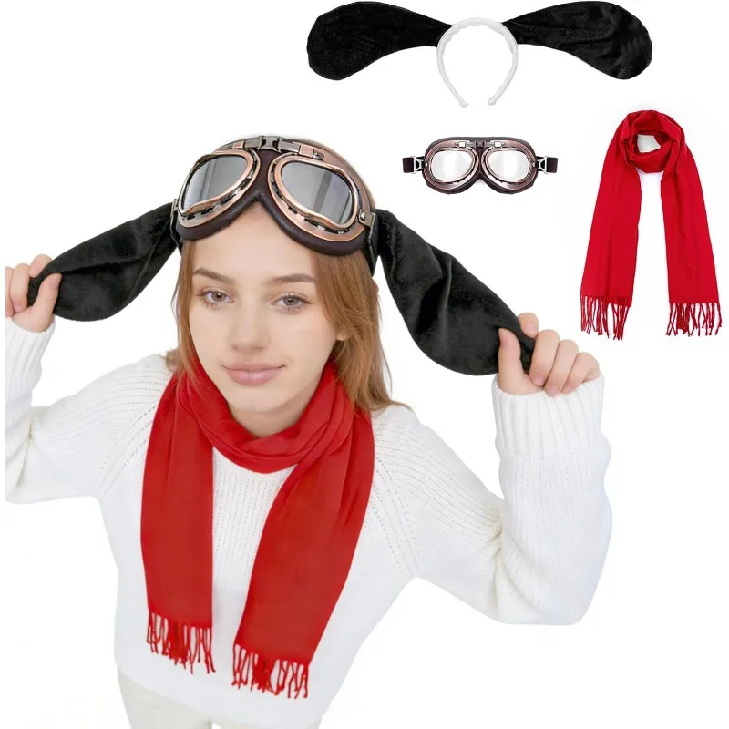 

3pcs Halloween Cosplay Dog Costume Accessories Set with Aviator Goggles,Black Ears Headband,Red Scarf,Theme Party and Activities