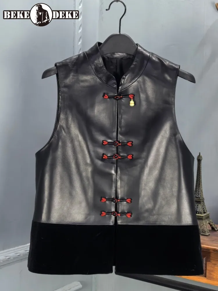 Women Genuine Leather Vest Stand Collar Patchwork Sleeveless Sheepskin Jacket Single Breasted New Chinese Style Female Waistcoat
