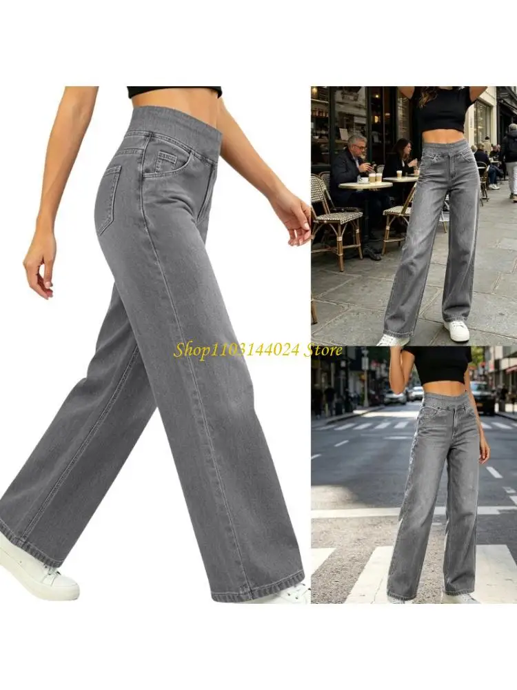 N5KE Women High Waist Straight Leg Jeans Relaxed Stretch Pull On Wide Leg Denims Pants with Pockets for Office Commute and