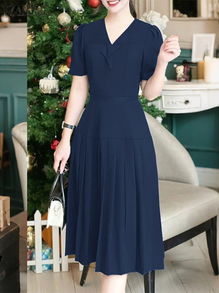 ZANZEA Elegante Frauen V-ausschnitt Kurzarm Plissee Kleider 2025, Sommer Kleid Stilvolle Party Arbeit Sommerkleid Casual EINE Linie Vestidos