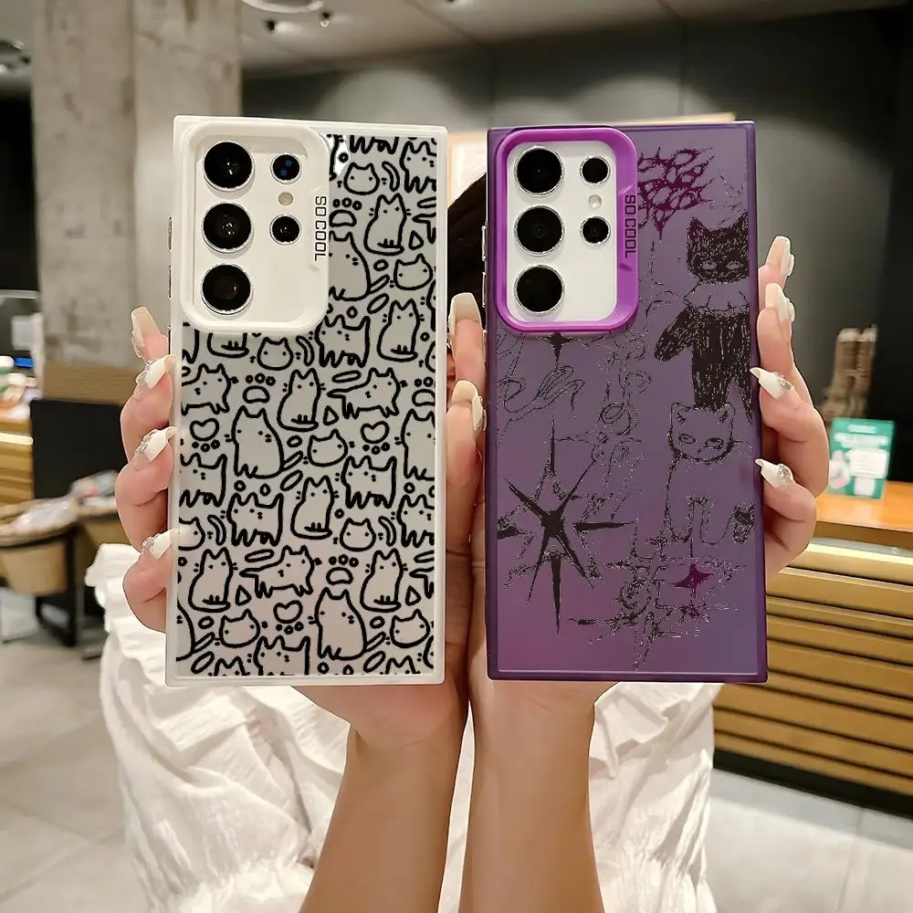 Simple Cat Line Art Phone Case For Samsung Galaxy S25 S24 S23 S22 S21 Ultra Plus Laser Hard Colorful Matte Shockproof