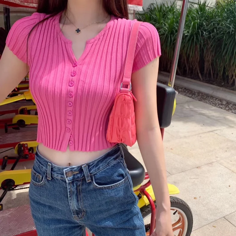 Women V-Neck High Waist Navel-Exposed Knit Top Short Slim-Fit Ice Silk Crop Tops