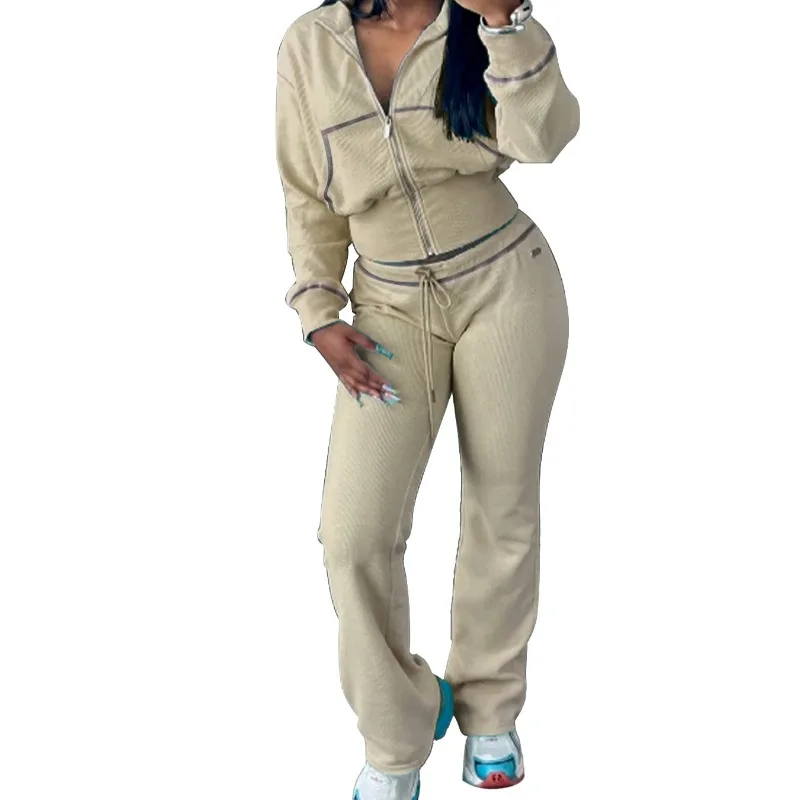 여성 Tracksuits 2 조각 세트 가을 겨울 패션 긴 소매 운동 와플 니트 스웨터와 플레어 바지 캐주얼 Sweatsuits