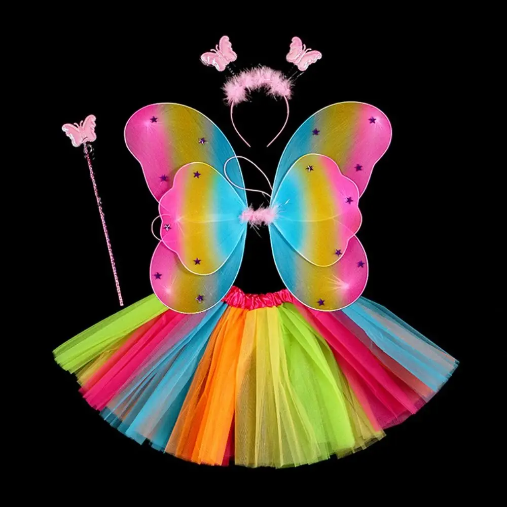 Adult Kids 3/4Pcs Fairy Costume Set Simulation Butterfly Wings Skirt Headband Wand Princess Girls Party Dress Up Halloween Gift