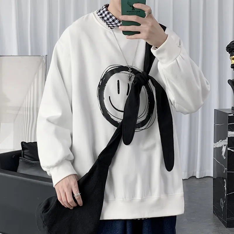 Smiling Face Printed Casual Round Neck Top, Trendy Casual Men's and Women's Spring and Autumn Sets, Head and Bathroom Clothes view 6