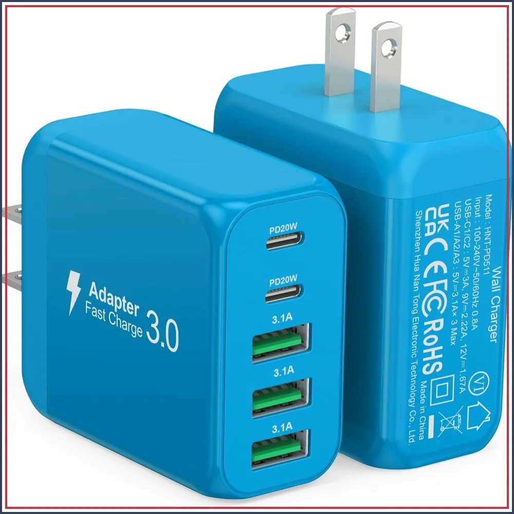 50W 5-Port USB C Wall Charger Block with 2 USB C and 3 USB A for iPhone Samsung Galaxy