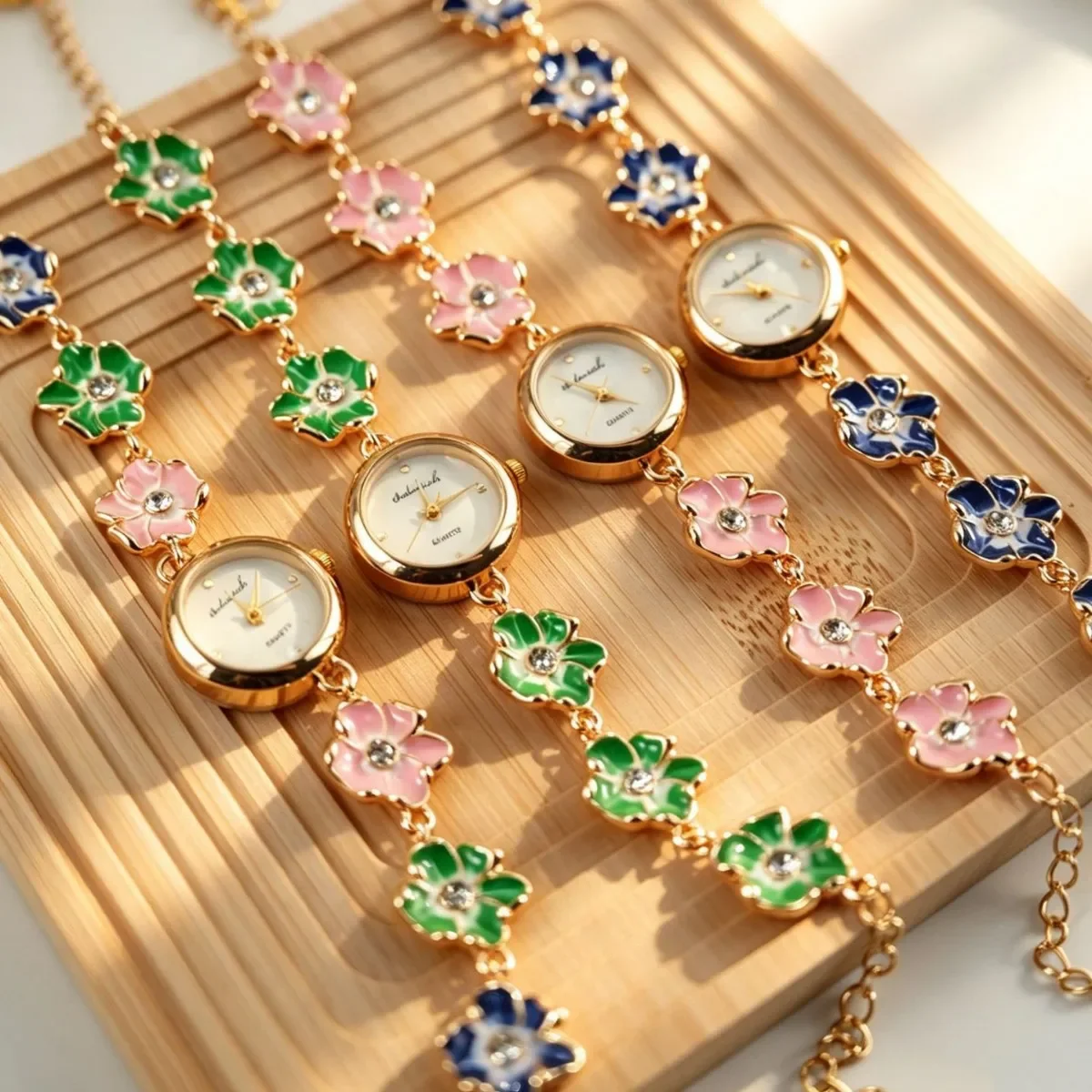 Women Enamel Flower Chain Wristwatch Small Round Dial Quartz Watch Cute Floral Rhinestone Adjustable Bracelet Watch Jewelry