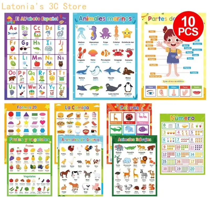 10Pcs Educational Wall Charts Colorful Language Study Posters 11.22x8.26Inch X3UB