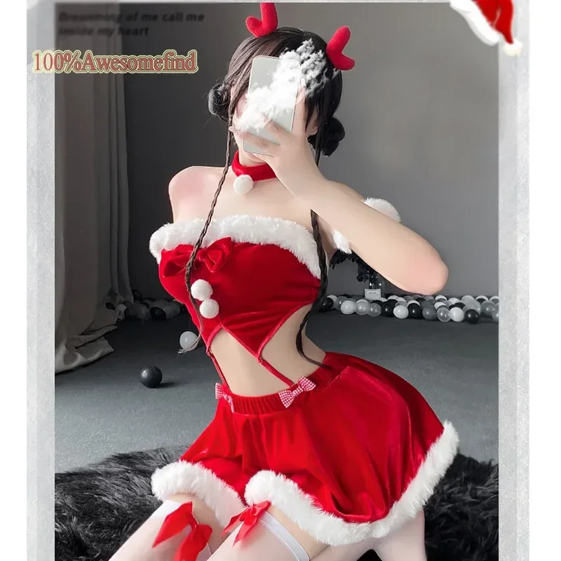 2024 女性クリスマスクリスマスレディサンタクロースエロコスプレ衣装ヘラジカセクシーなランジェリーエキゾチックな冬分離制服ファンシー D MN1