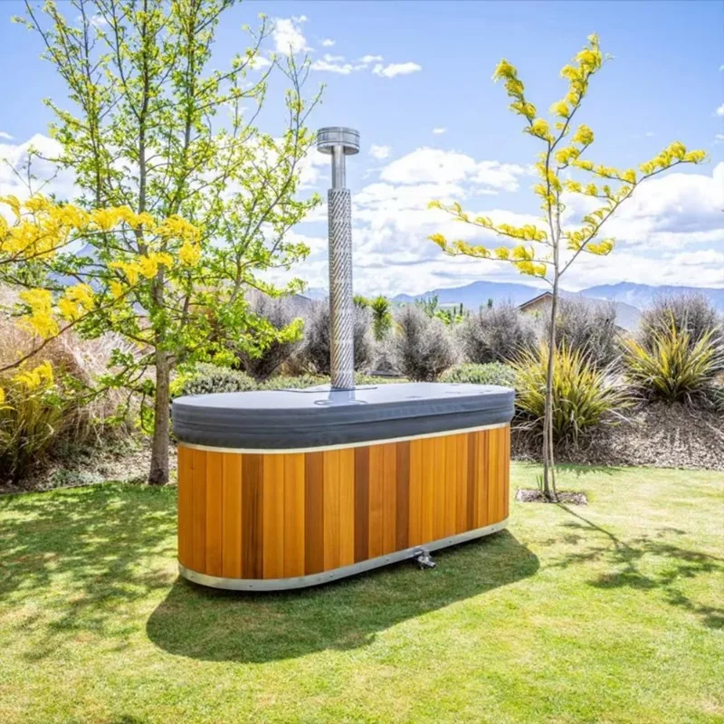 Modern Red Cedar Wood Fired Outdoor Hot Tub Spa 2-4 Person Capacity With Stainless Steel Liner Soaking Wooden Burning Heater