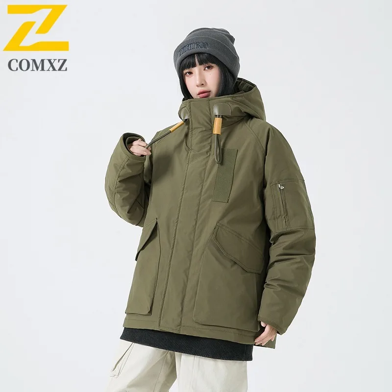 COMXZ Men Puffer Jacket Outdoor Hooded Adventure Climbing Travel Windproof Warm Camping Padding Coat Loose Snow Winter Padding