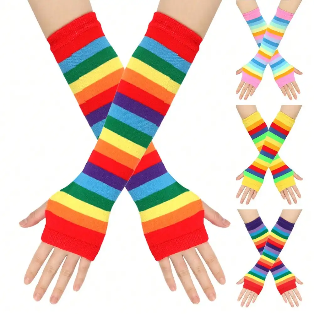 

Color Long Gloves Festival Party Party Rainbow Bracers Fake Sleeves Finger Gloves Cross-Border Colorful Striped Sleeves