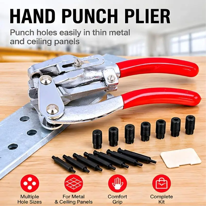Heavy Duty Manual Hole Set With Changeable Heads For Metal Plastic Synthetic And More Includes 7 Varieties Of Punches 87HA
