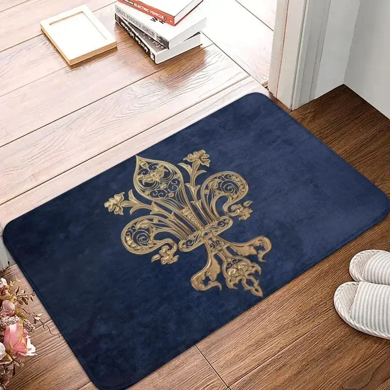 Gold Filigree Fleur De Lis Floor Door Kitchen Bath Mats Indoor Fleur-De-Lys Lily Flower Doormat Toilet Entrance Carpet Rug