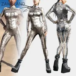 Zawaland Robot Cosplay Costumes Adult Woman Bodysuits 3D Printing Carnival Party Punk Elastic Jumpsuits for Female