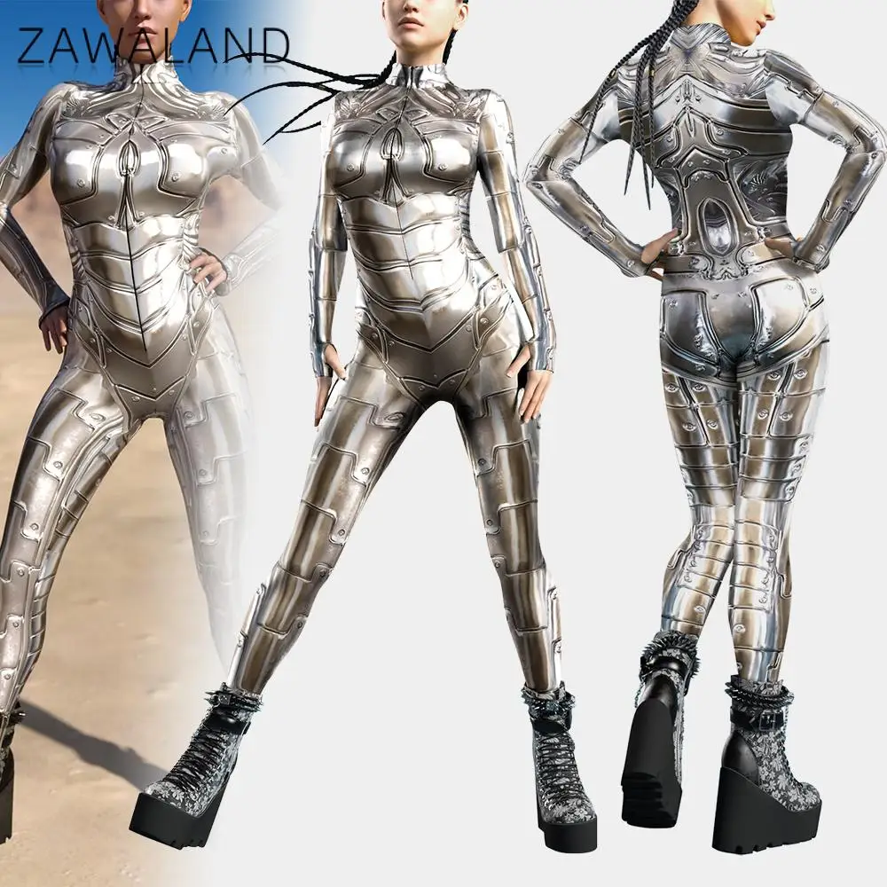 Kostiumy cosplay Zawaland Robot dla dorosłych kobiet, kombinezony z nadrukiem 3D, na karnawał, imprezę, punkowe elastyczne kombinezony dla kobiet