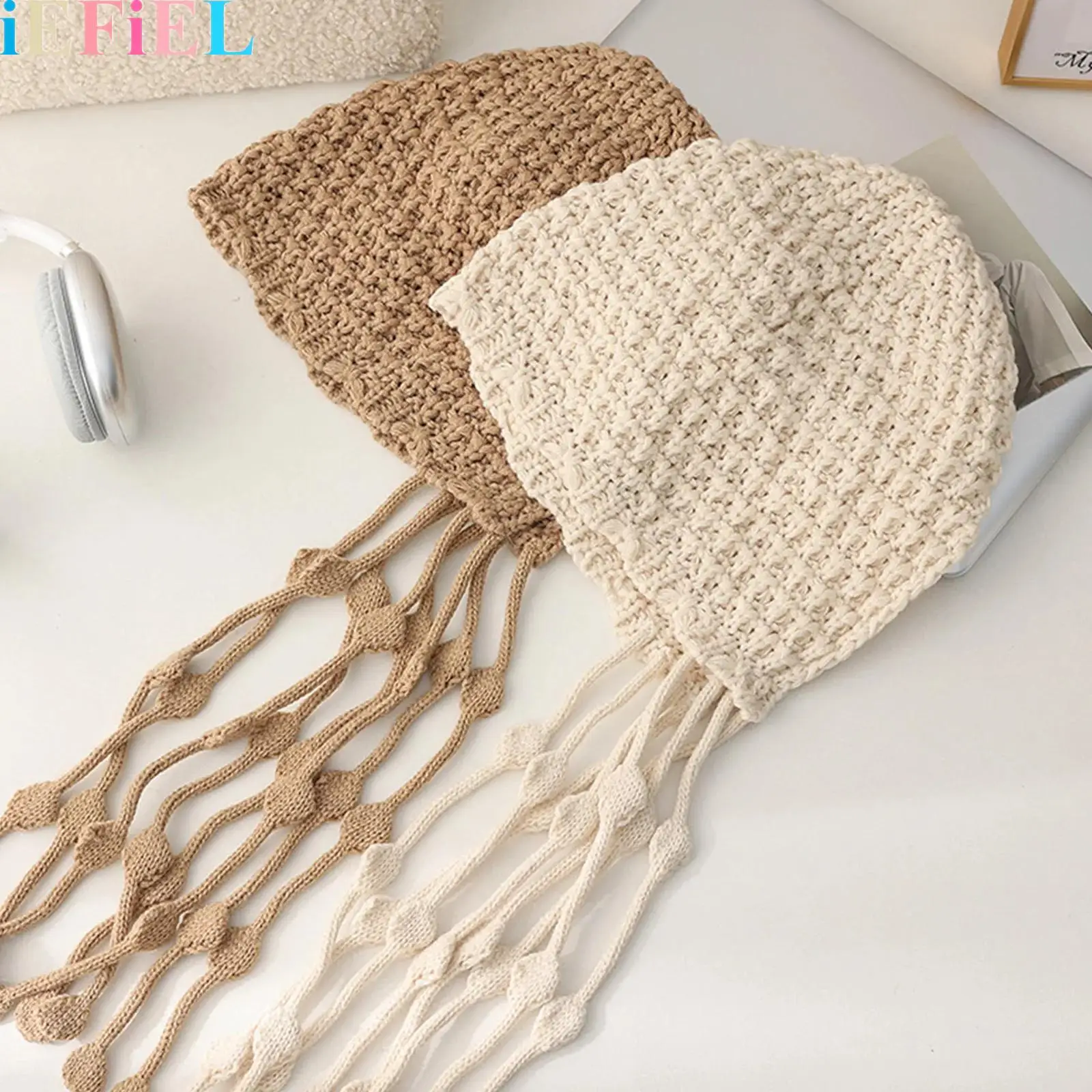 

Tassel Ear Flaps Knit Hat Handmade Crochet Beanie Hat with Pompom Skull Cap for Women Fashionable Warmer Hat