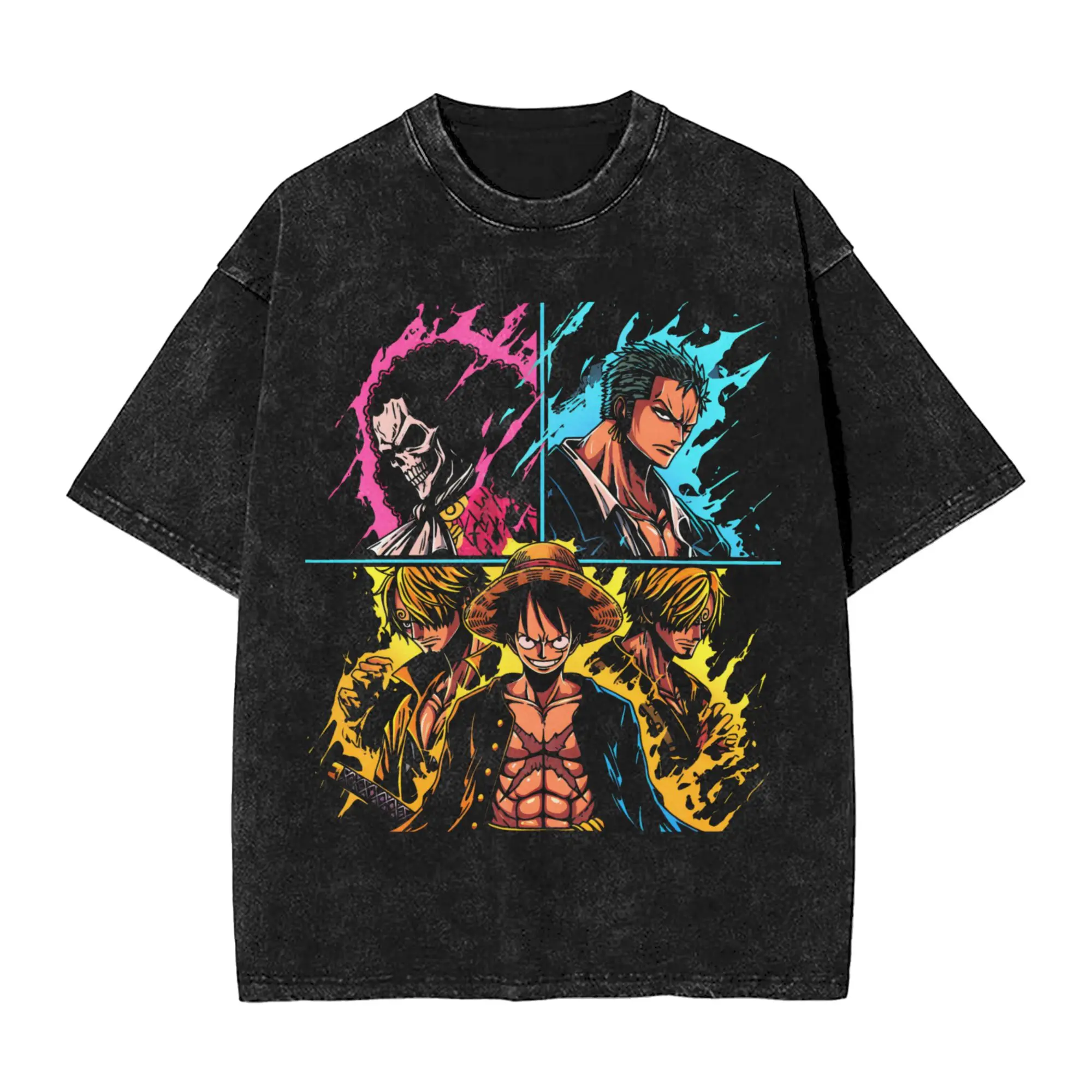 Funny One Piece Characters Dynamic Split Panel T-Shirt for Men Crew Neck 100% Cotton Washed T Shirts Short Sleeve Tees Clothing