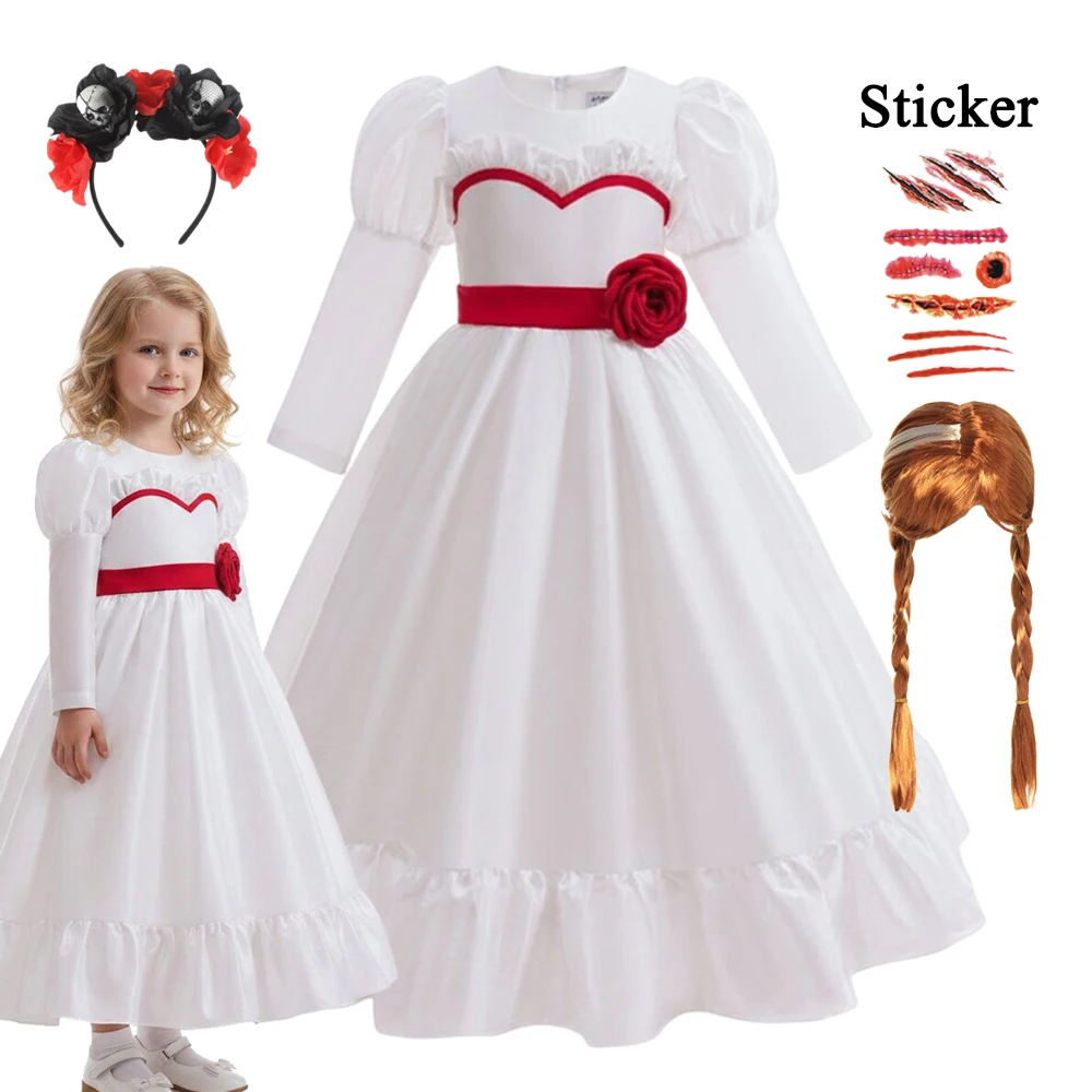 Horror Movie Girls Annabell Cosplay Halloween Costume Kids Horror Scary Doll Ghost Fancy White Dress Outfits