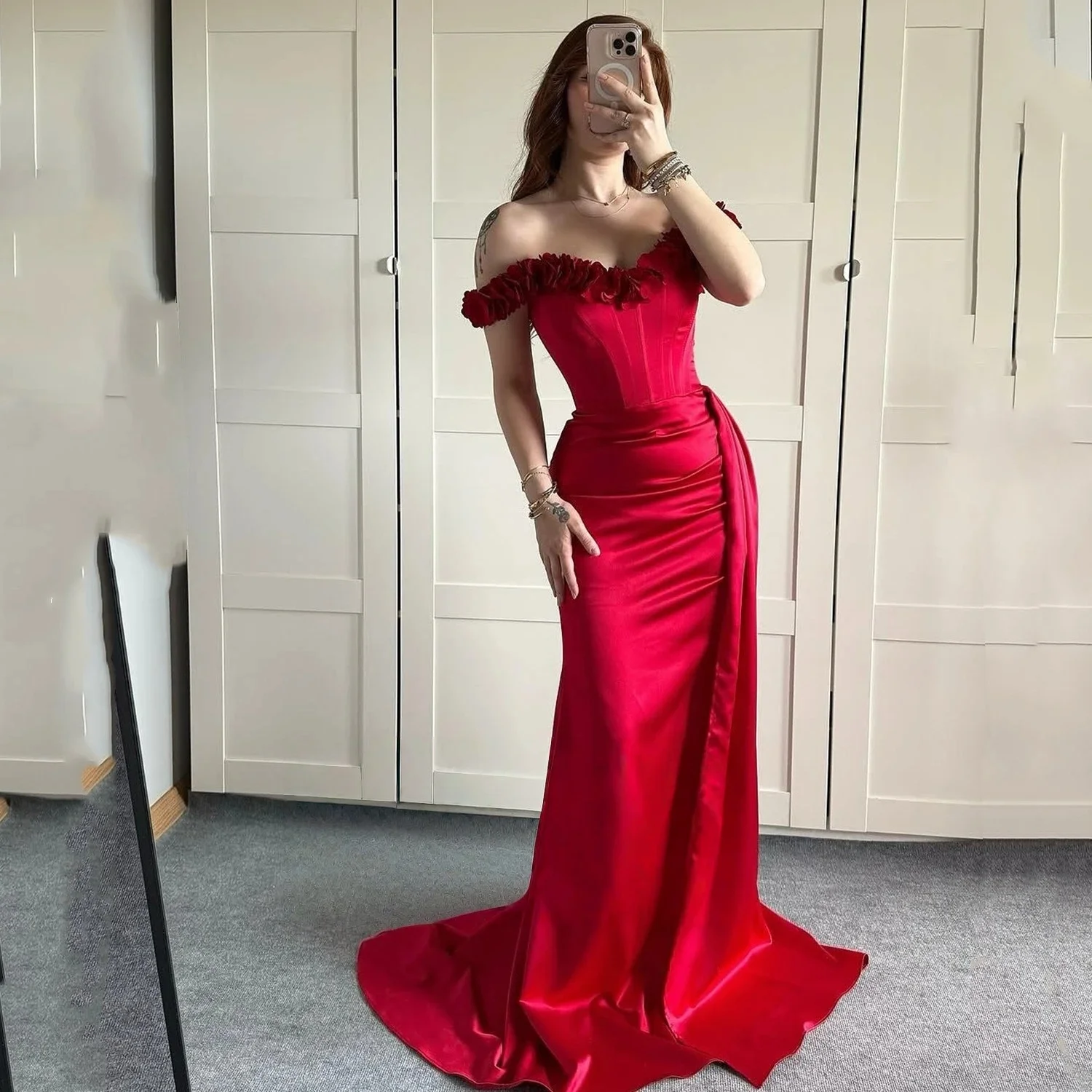 

Red Floral Formal Long Bespoke Occasion Gown Evening Dresses Prom Pastrol Unisex Jersey Retro Dubai Saudi Arabic Customized