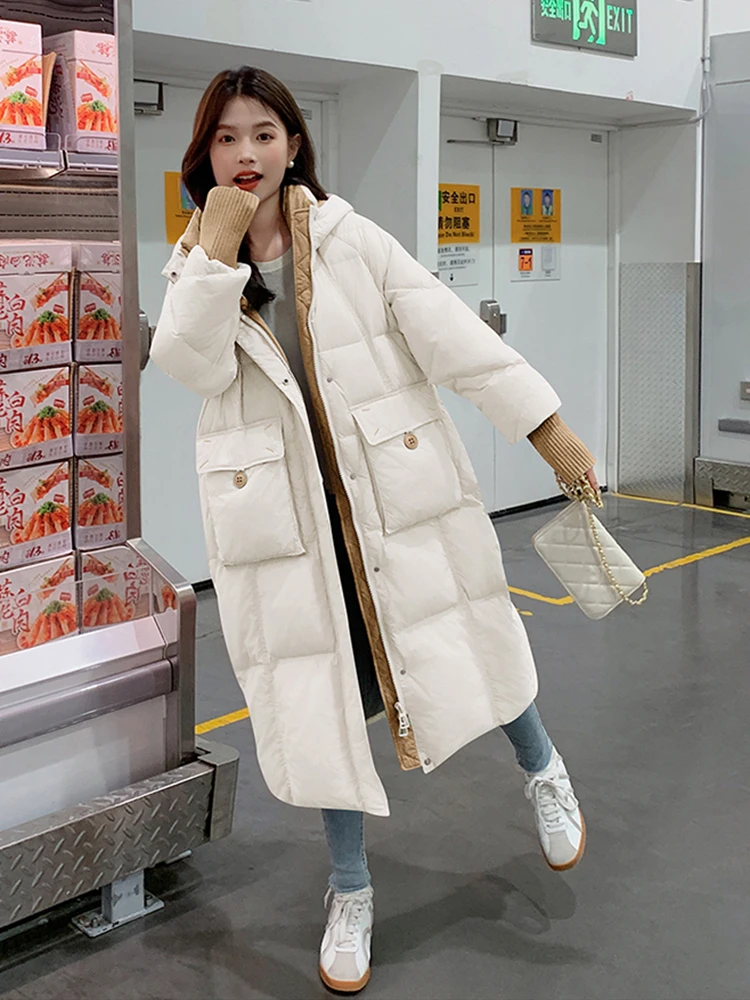 เสื้อแจ็คเก็ตขนเป็ดสำหรับผู้หญิงแบบมีฮู้ดสำหรับฤดูหนาว  แบบหนา  ซิป  ให้ความอบอุ่น  ยาวถึงเข่า  สีขาว  มีกระเป๋าใหญ่  แบบพาร์กา  เสื้อคลุมกันหนาว