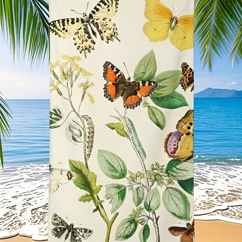 قطعة واحدة من ملاءة حمام كبيرة جدًا مقاس 28 × 56 بوصة - رسم توضيحي للفراشات والزهور العتيقة، بوليستر، سريع الجفاف فائق الامتصاص،