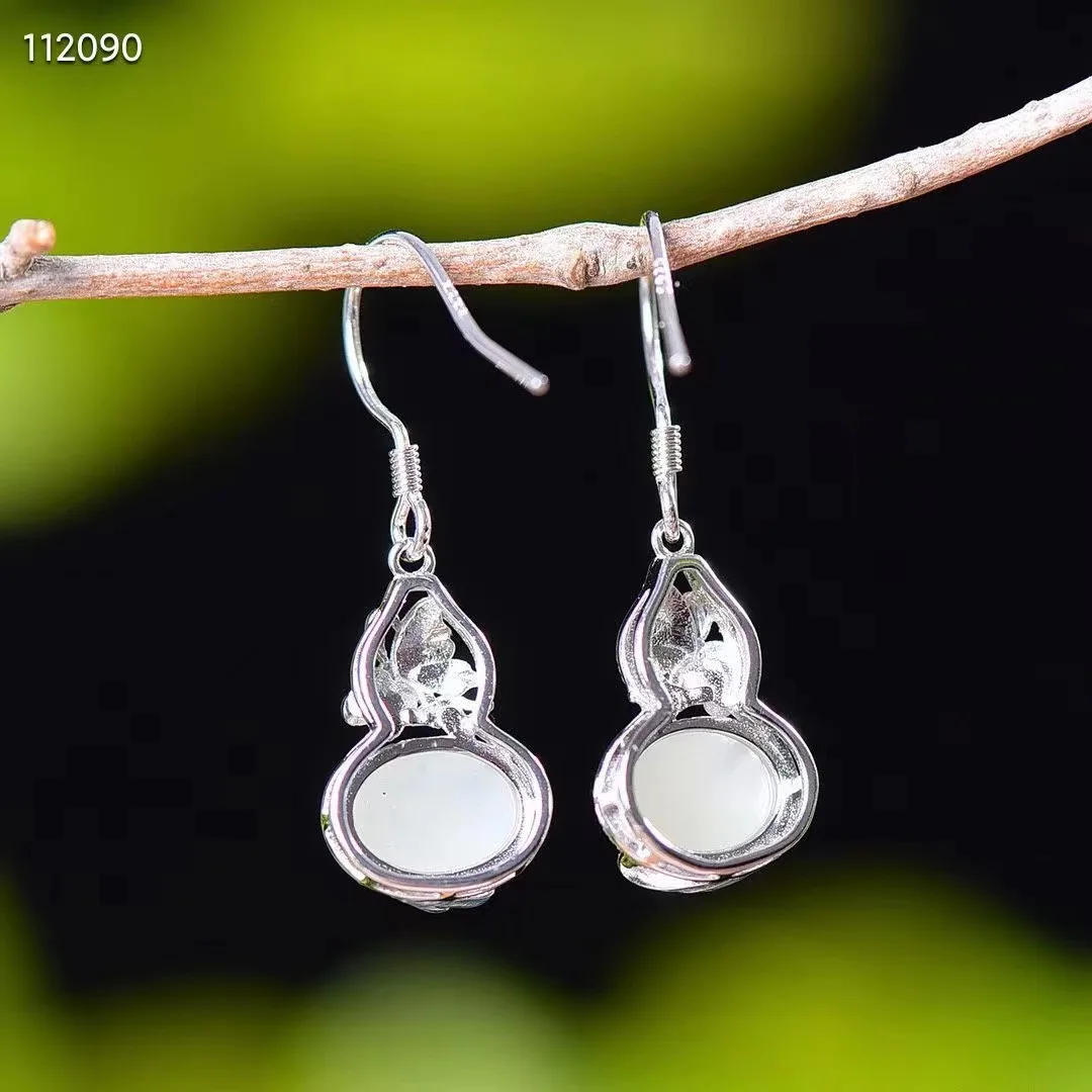 

Natural 100% real 925 sterling silver gourd mosaic white hetian jade round beads fashion Earrings temperament women earrings