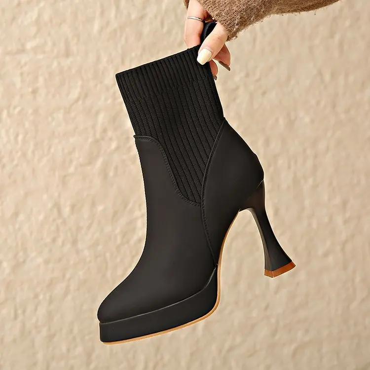 Kurze Damenstiefel mit hohem Absatz, elastischer, schmaler Zehenbereich, ohne Schnürung, Frühling/Herbst_voghion.com