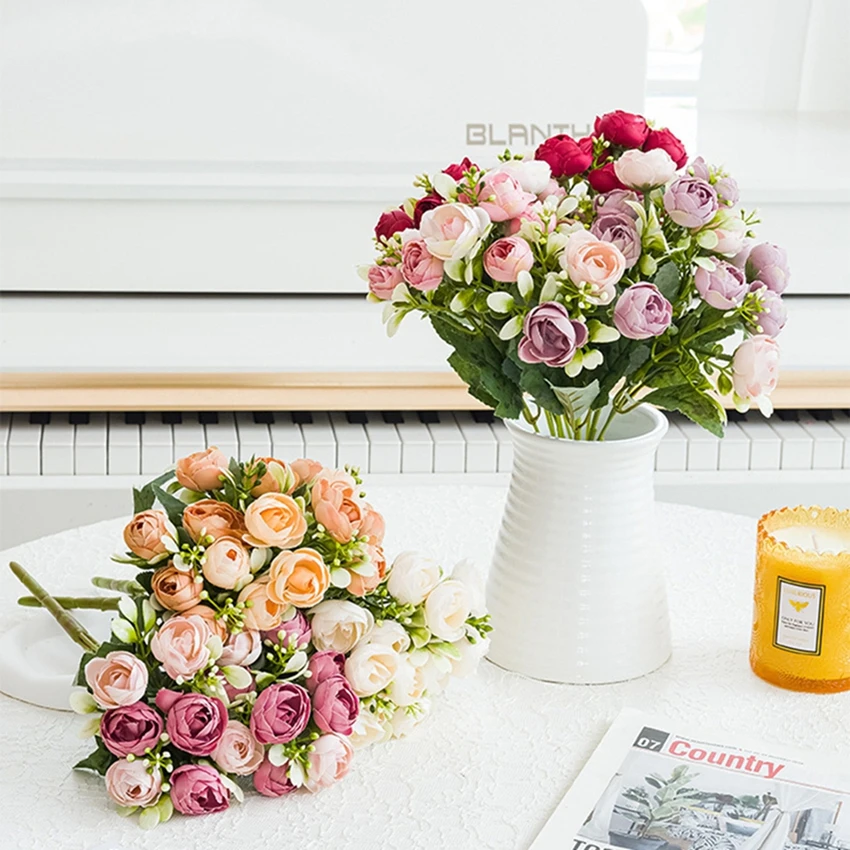 

Artificial Flowers Silk Rose Small Tea Bud Wedding Wreath Photo Graphy Background Home Room Outdoor Courtyard VaseFestival Decor