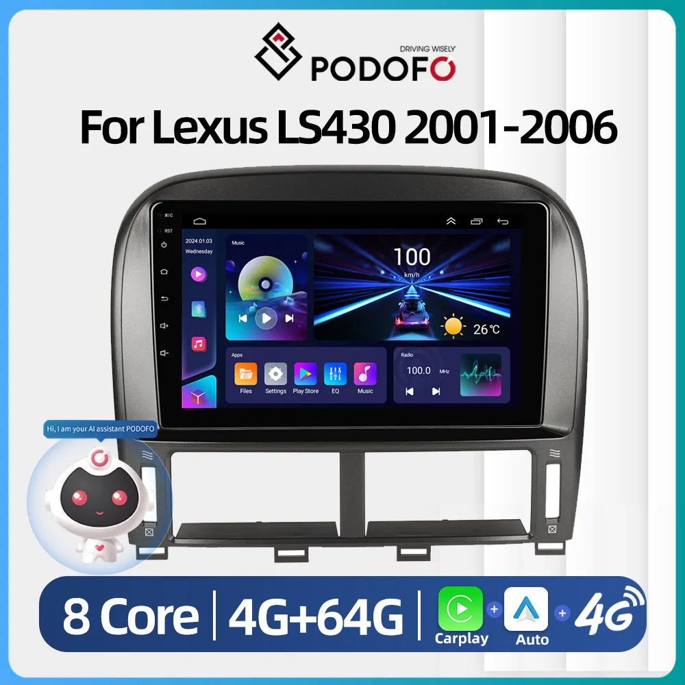 Podofo Android DSP Car Radio Multimidia Video Player Navigation GPS For Lexus LS430 2001-2003 2din 4G WIFI Carplay Head Unit