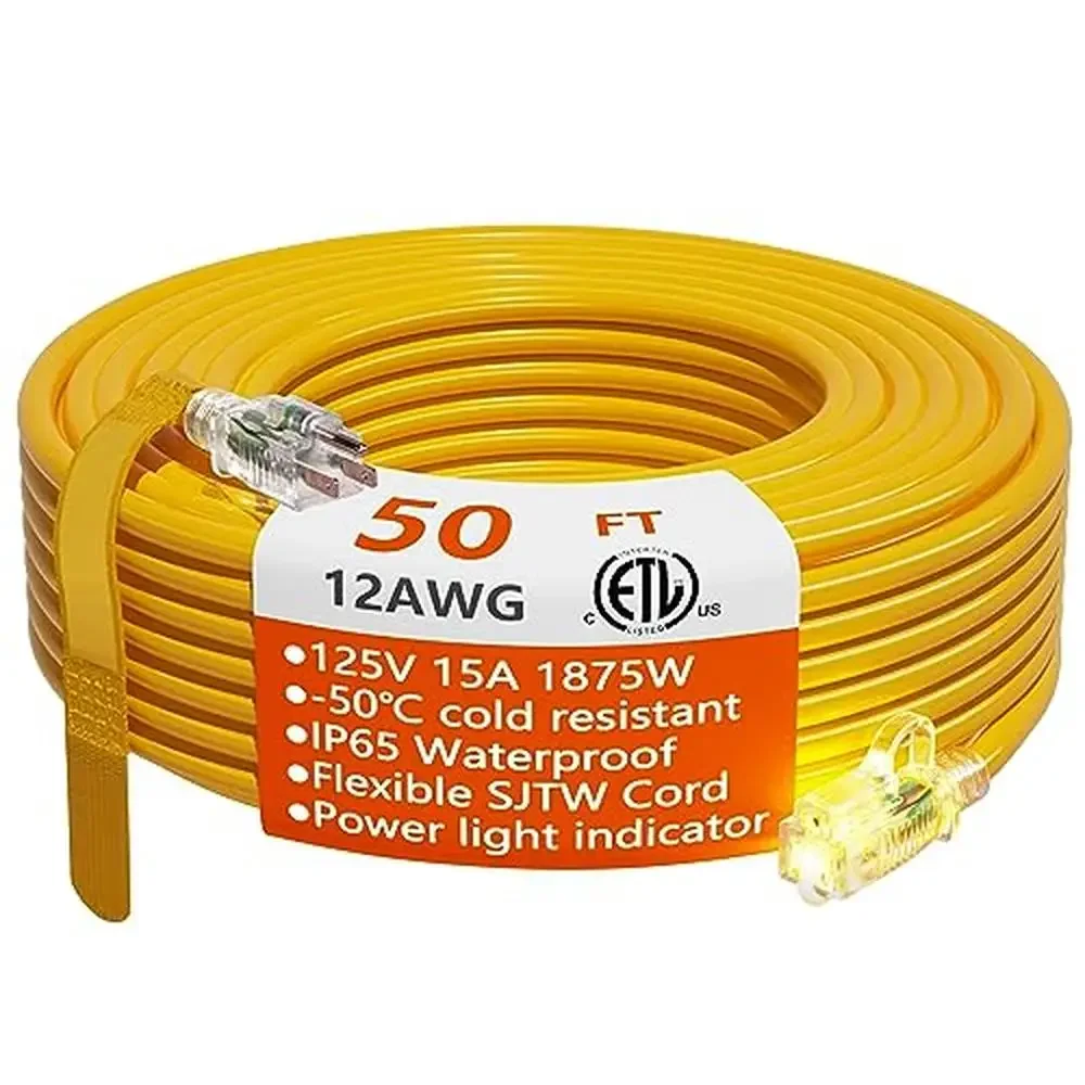 Heavy Duty Waterproof Outdoor Extension Cord 50ft Lighted End Flexible Cold-Resistant 3 Prong Electric Cable 12/3 Gauge IP65