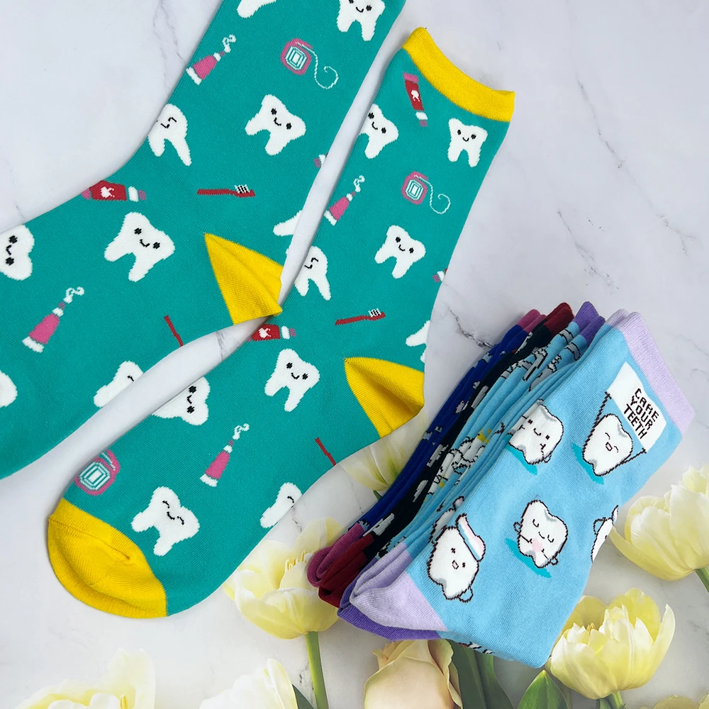 1Pair Cute Tooth Art Pattern Socks Breathable Comfortable Men Women Sports Stockings Printed Kawaii Funny Hosiery Dentistry Gift - Image 3
