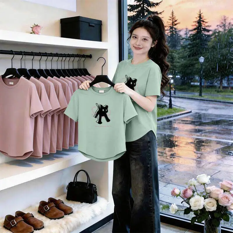 

Mom's Short Sleeve Printed T-Shirt Women's Fashionable Casual Style Summer New Arrival Versatile Slimming Arc Pattern Top