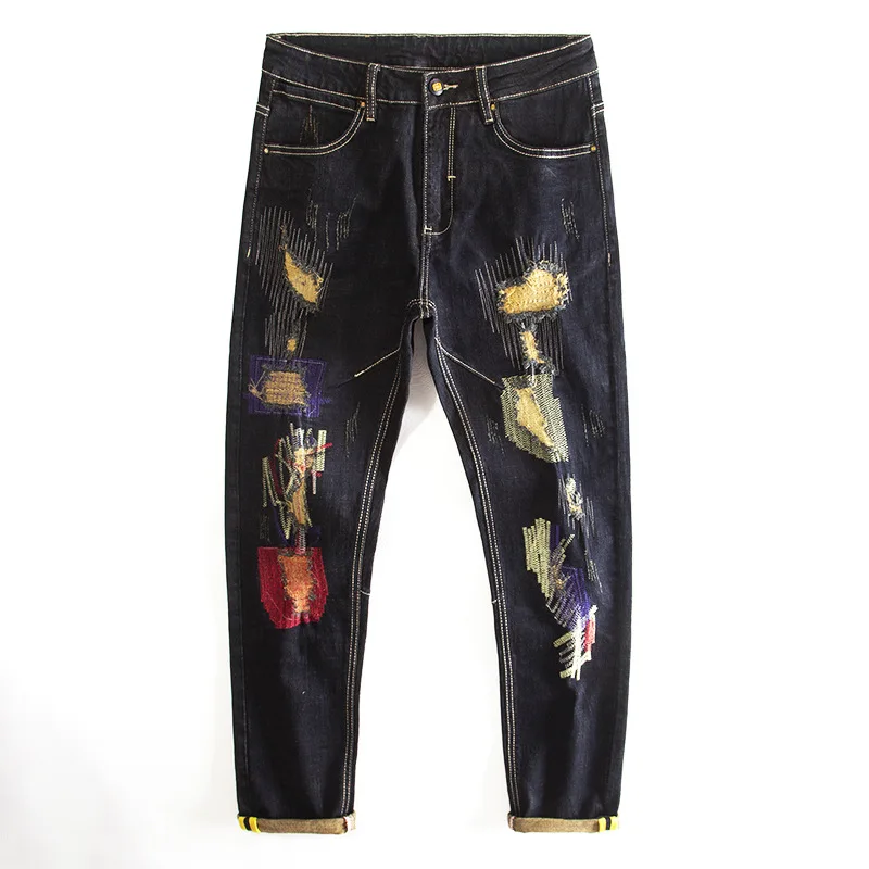 Ripped Patch Embroidered Floral Jeans Men Slim Fit Stretch Vintage High Street Retro Nostalgic Personality Trendy Long Pants