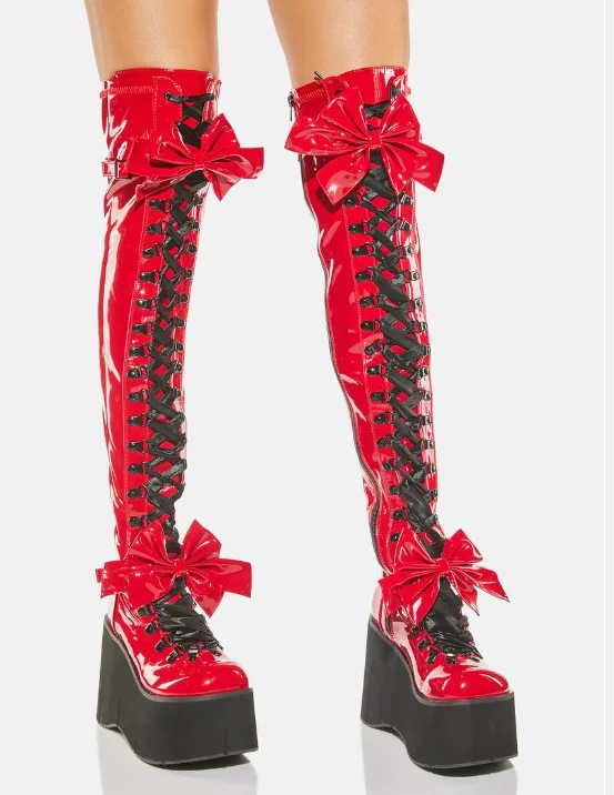 Red Patent Leather Platform Bow Over The Knee Boots Chunky Bottom Front Lace Up Women Winter Sweet Punk Fashion Casual Shoes