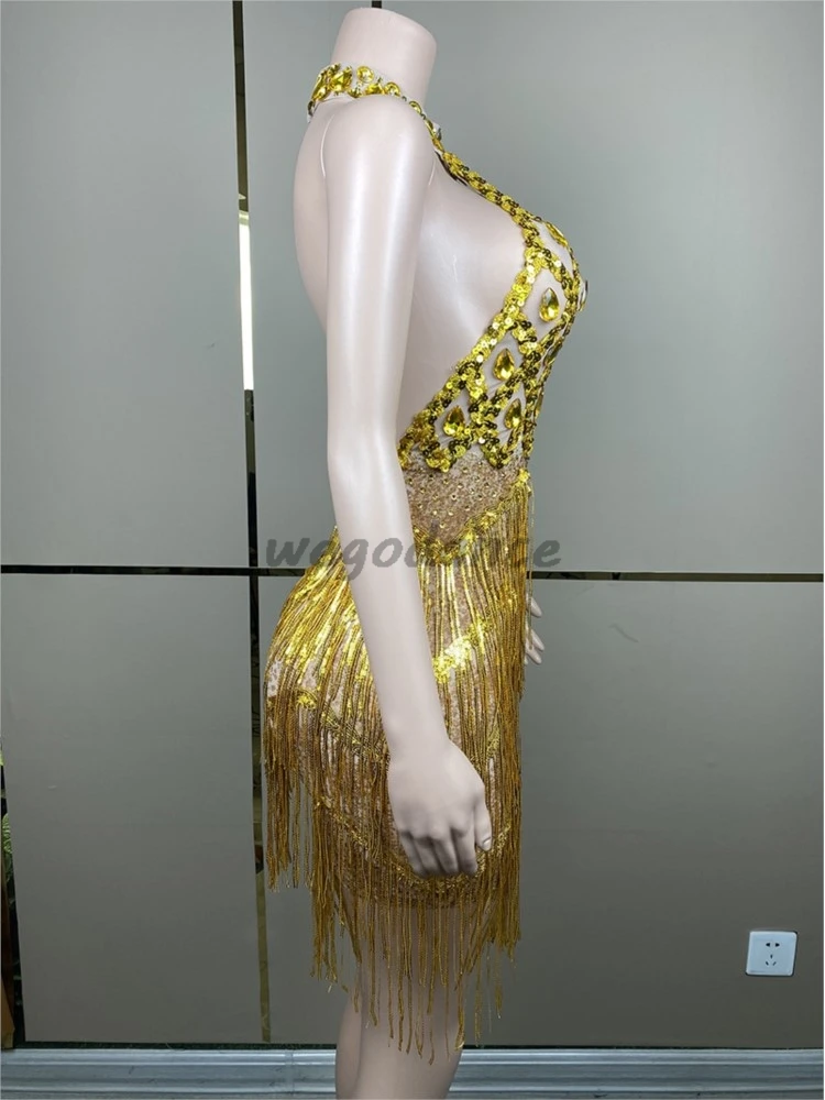 Sexy Singer Rhinestone Fringe Stretch Thin Latin Dance Short Stage Performance Dress